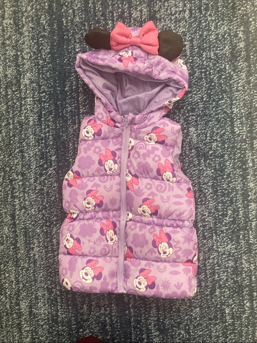 Disney Purple Minnie Mouse Hooded Puffer Vest with Pink Bow Ears